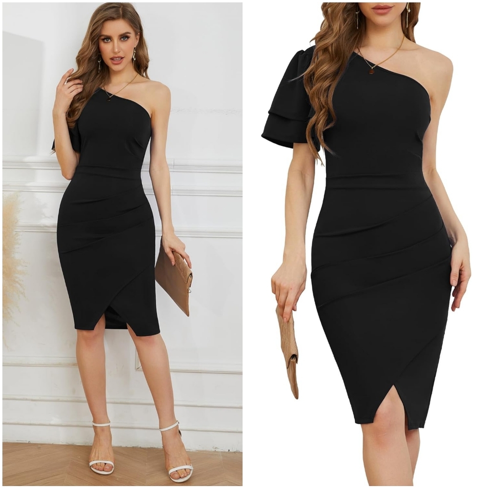 NWT Nipami Black One Shoulder Ruffle Ruched Cocktail Midi Mini Dress XS